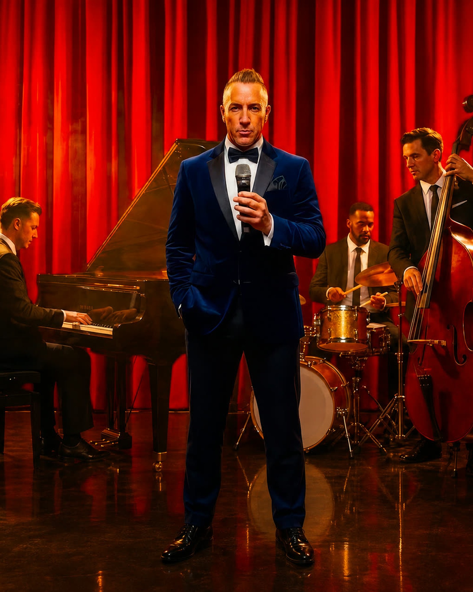 A singer in a blue velvet tuxedo holding a microphone, with a pianist, a drummer and a double bass player behind him in front of red curtains