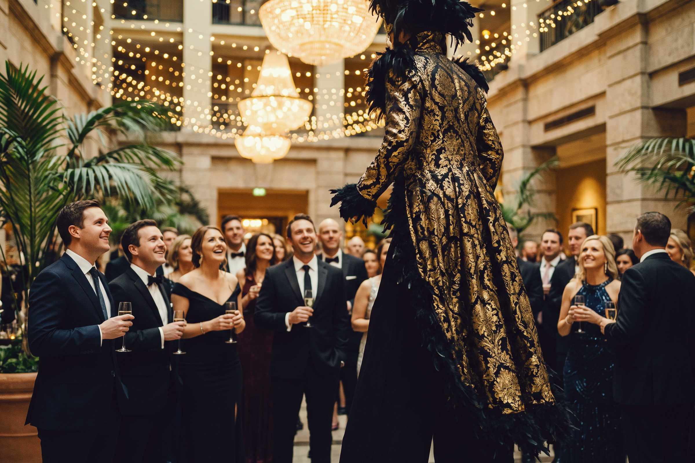 A stilt walker in a black and gold coat among guests at a reception