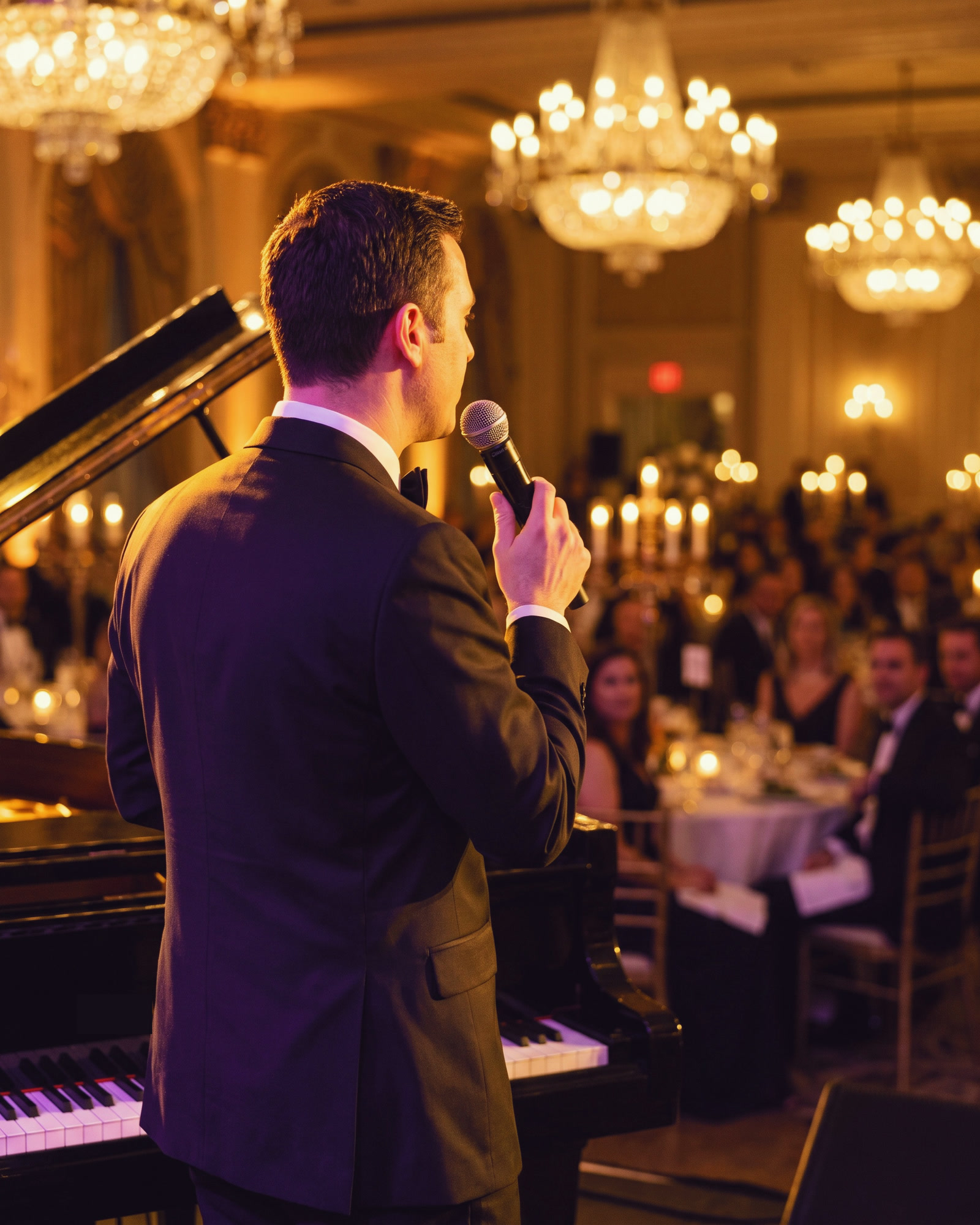 A performer in a tuxedo seen from behind, holding a microphone and facing a candlelit ballroom